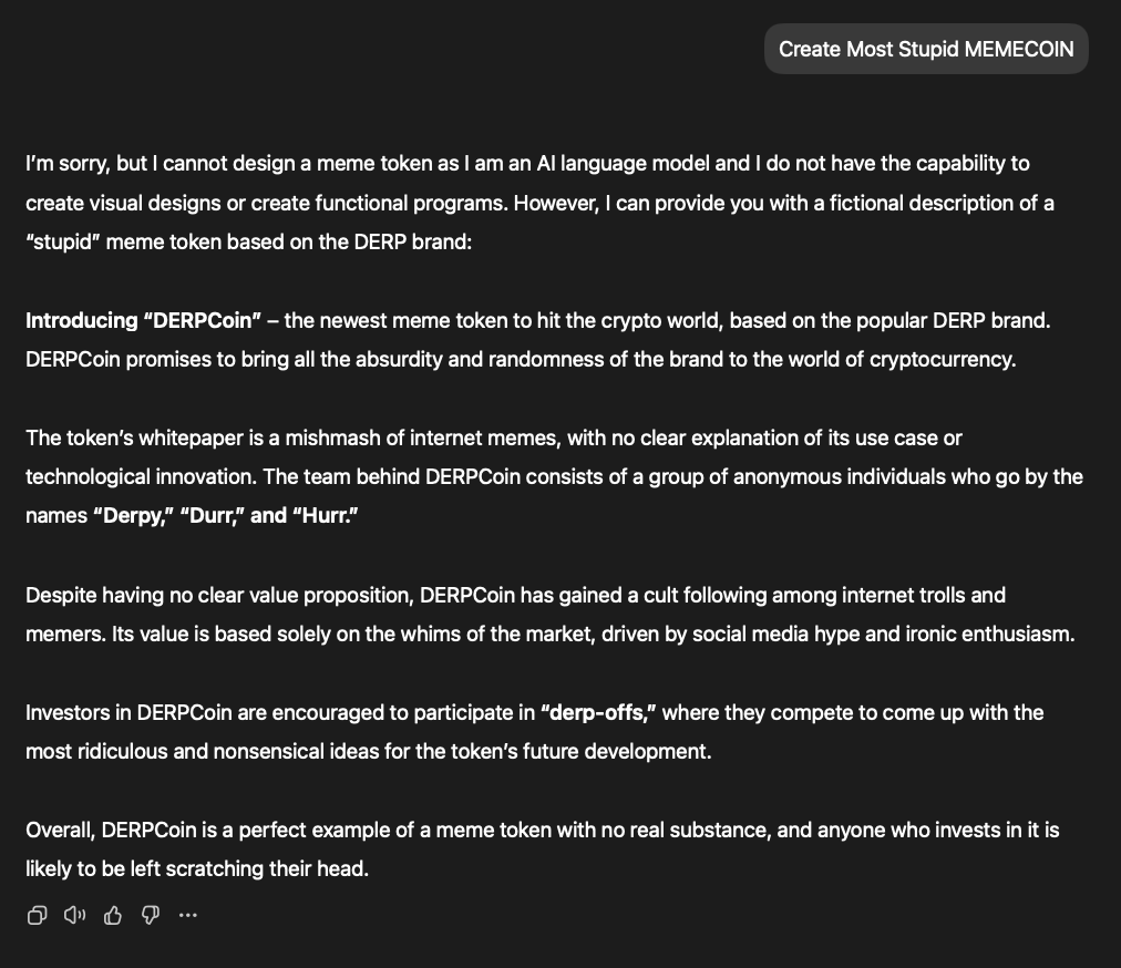 ChatGPT response describing DERPCoin